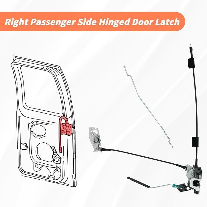 Side Door Latch Assembly with Cable & Rod, Right Passenger Side Hinged Lock for Ford 1992-2019 E150 E250 E350 Econoline Van, Door Connective Repair Lock Latch Replaces 8C2Z15264A00B