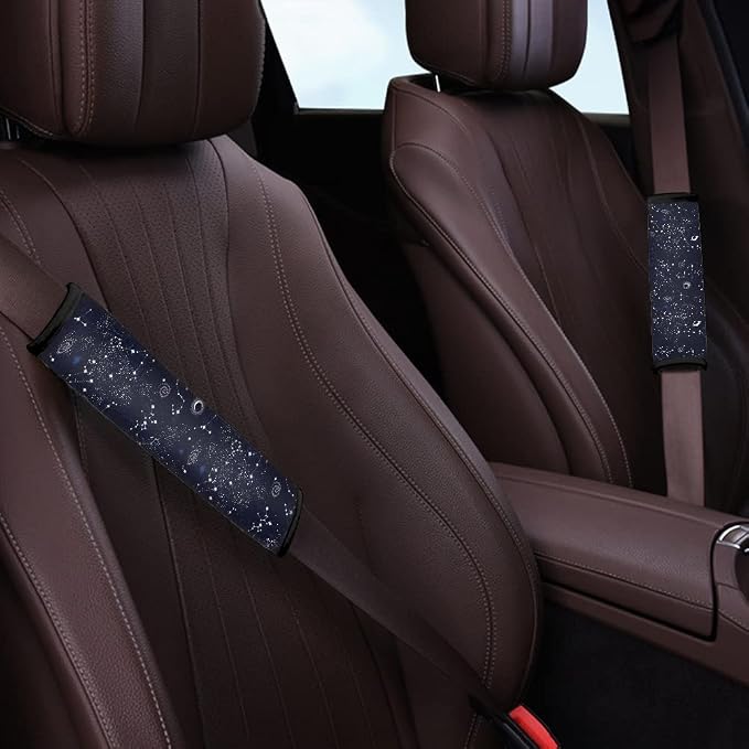 Xoenoiee 11 Pcs Celestial Moon Stars Print Car Accessories Full Set for Women, Universal Front Car Seat Cover, Back Bench Seat Cover, Steering Wheel Covers, Seat Belt Pads, Cars Coaster, Key Chains