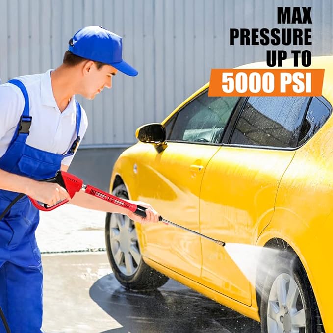 Pressure Washer Gun With Extension Wand Replacement 5000 PSI High Power Washer Gun 38 Inch Adjustable Length with M22 14mm or M22 15mm Fitting 5 Nozzle Tips with Nozzle Holder (Red)