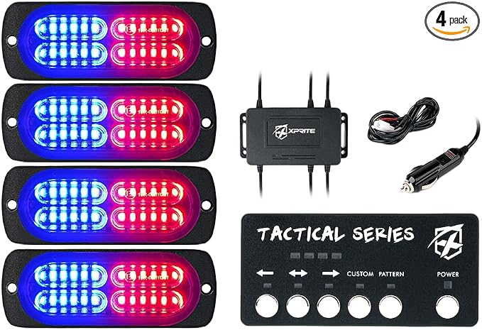 Xprite 24 LED Surface Mount Strobe Lights Kit with Control Panel, Grill Grille Flashing Emergency Warning Police Side Marker Light for Trucks Vehicles ATV RV Cars Van Red Blue, 4PCS
