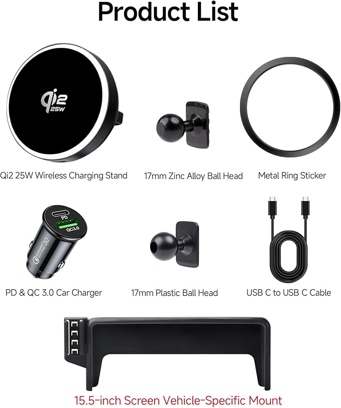 Qi2.2 Max 25W Fast Wireless Car Charger Phone Holder for 2021-2026 Ford Mustang Mach-E 15.5-Inch Screen, Magnetic Phone Mount Compatible with MagSafe