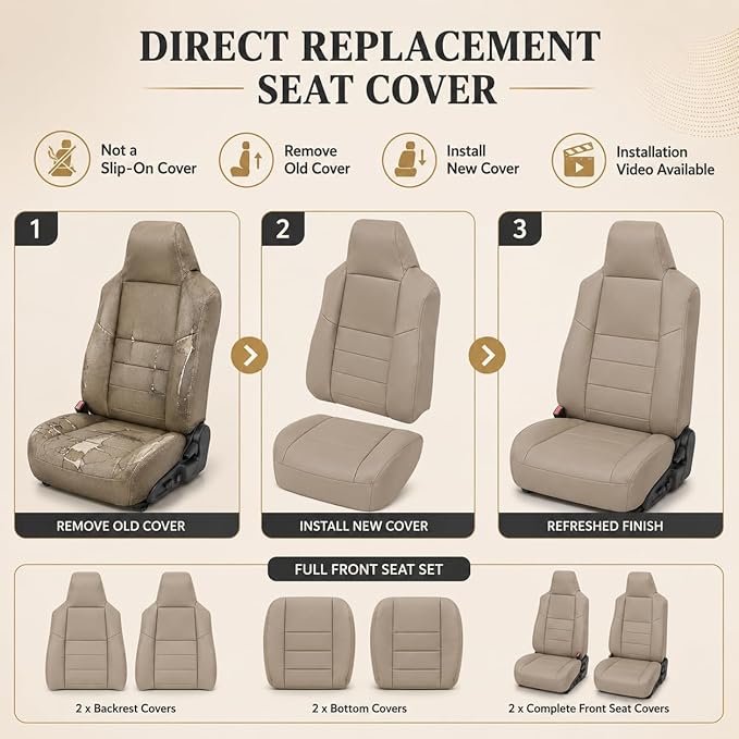 NLQR Medium Parchment Tan Leather Driver & Passenger Side Bottom & Top Lean Back Replacement Microfiber LeatherSeat Covers fit for Ford F250 F350 F450 F550 Lariat 2002-2007 & Excursion 2002-2005