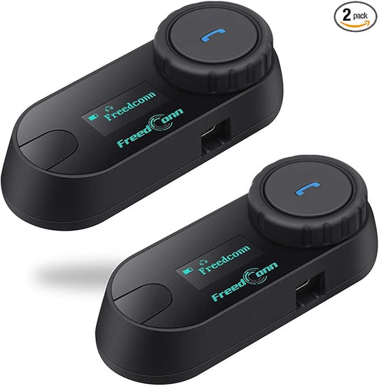 FreedConn Motorcycle Helmet Communication System T-COM SC 2Pack, 2-Way 800M Universal Helmet Bluetooth 5.0 Intercom kit with LCD Screen for Motorbike, Music Sharing/FM Radio/Siri/ IP65/ 2 in1 mic