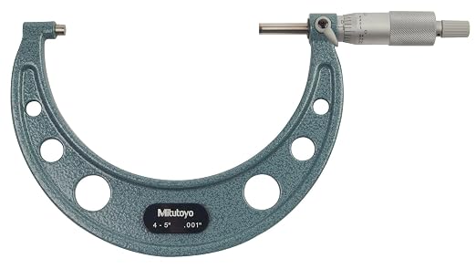 Mitutoyo 103-181 Outside Micrometer, Ratchet Stop, Carbide-Tipped Measuring Faces, 5 inch Range, 0.001 inch Graduation, Hammertone Enamel Frame for Precision Outside Dimension Measurement | 0.001 Inch Graduation