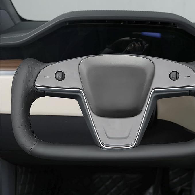 MEWANT DIY Black Solid Hexagon Embossed Faux Leather Steering Wheel Cover for Tesla Yoke Model S 2021-2023 Model X