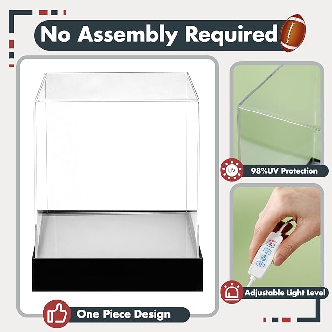 Chunful Acrylic Mini Helmet Display Case with LED Light 7.5 Inch Clear Adjustable Brightness 1/2 Football Baseball Helmet Showcase One-Piece Without Assembly UV Protection Gift for Sports Enthusiast