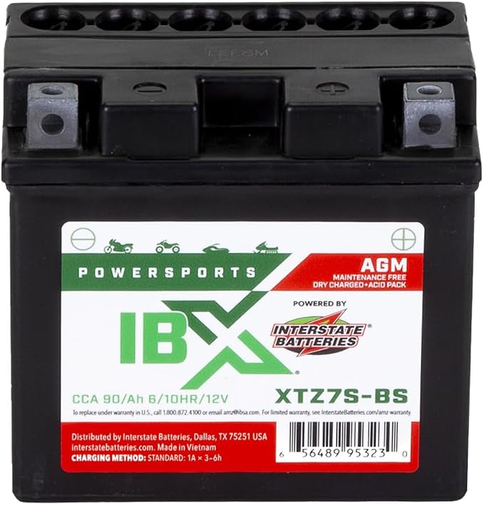 Interstate Batteries YTZ7S-BS 12V 6Ah Powersports Battery 90CCA AGM Rechargeable Replacement for Honda, Kawasaki, Yamaha Motorcycles, Scooters, ATVs (XTZ7S-BS)
