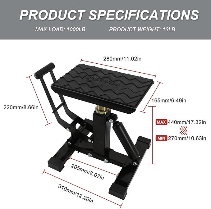 POLARBEAR Dirt Bike Stand Adjustable Jack Stand 1200Lbs Capacity Engine Stand Vertical Rise Easy Operated with DIY Stickers Lightweight(Black)