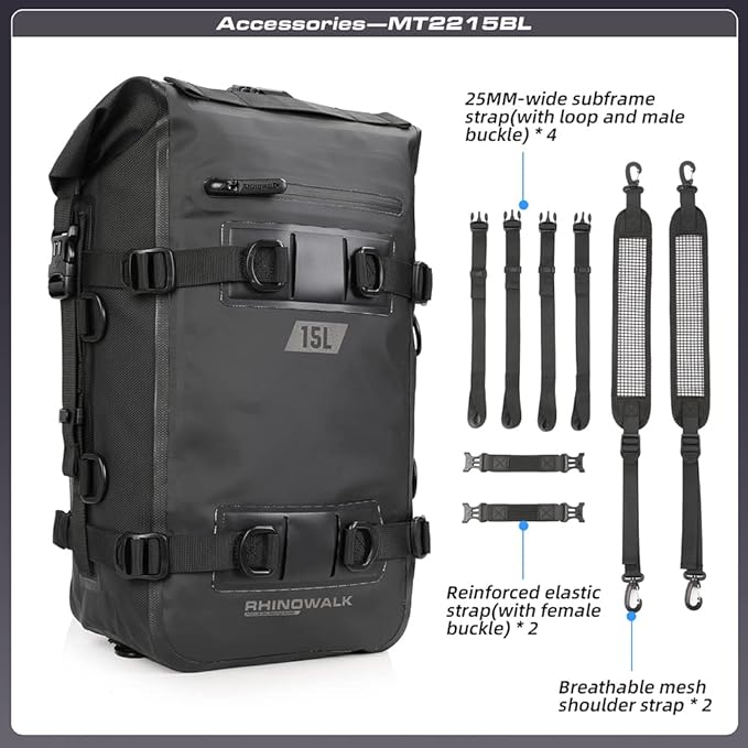 Rhinowalk Motorcycle Tail Bag Motorbike Side Bag 15L Full Waterproof Motor Saddle Pannier Bag Rear Rack Trunk Professional Motor Accessories-Black