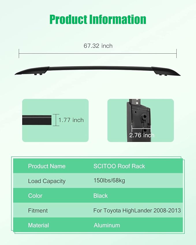 SCITOO fit for 2008 2009 2010 2011 2012 2013 for Toyota for Highlander Sport Utility Aluminum Alloy Roof Top Side Rails Set Rock Rack Side Rails
