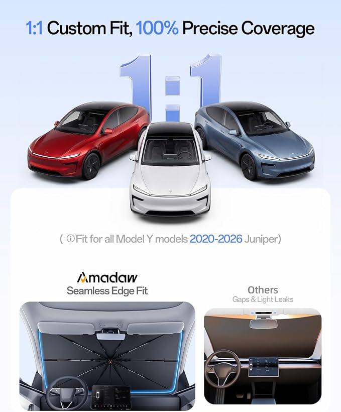 Windshield Sun Shade for Tesla Model Y 2020-2026 (Include Juniper), Foldable Umbrella Sunshade with 100% UV Block, Multi-Layer Heat Insulation, Keeps Car Cooler, Summer Car Accessory