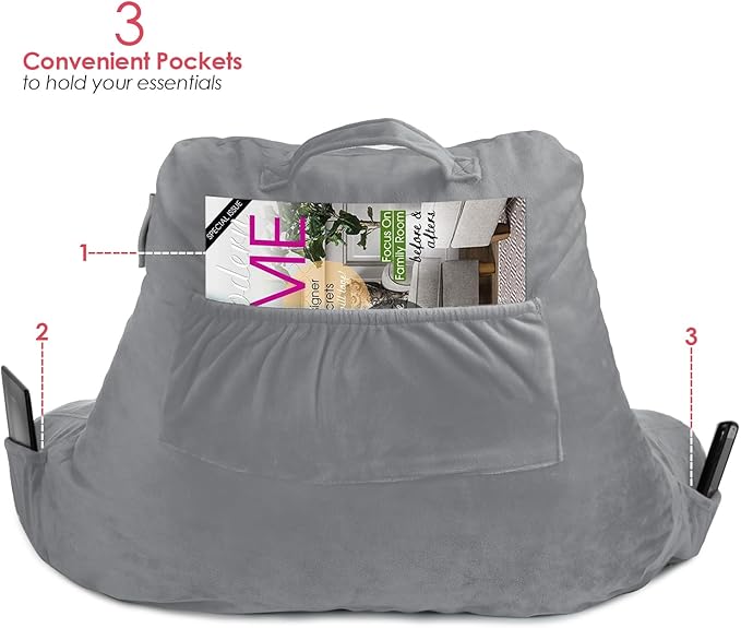 Nestl Reading Pillow with Shredded Memory Foam, Designed for Sitting Up in Bed and Couch, Back and Arms Adjustable Support for Adult & Teens Backrest Pillows for Reading, with Washable Cover Grey