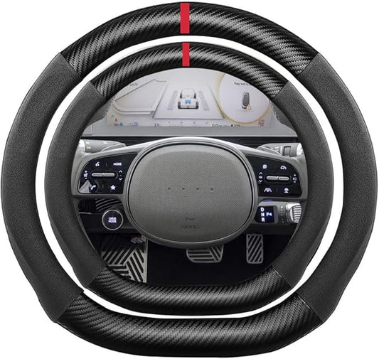 D Shape Suede Carbon Fiber Steering Wheel Cover, Compatible with Ioniq Santa Fe Sonata Tucson 15 inch Flat Bottom Soft Suede Touch Leather Sport Non-Slip Interior Accessories