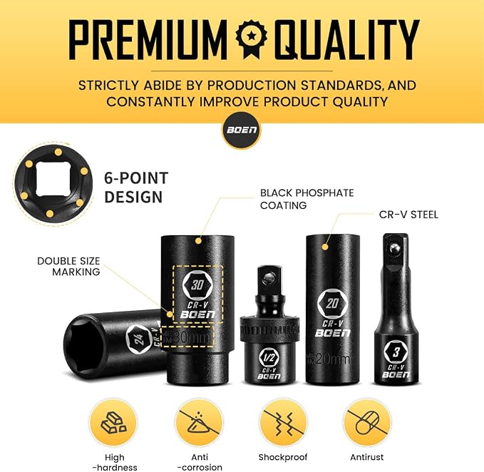 boen 45PCS 1/2” Drive Metric Socket Set + 2PCS 3/8"F to 1/2"M Impact Socket Adapter Set