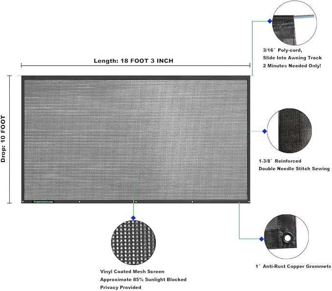 Leaveshade RV Awning Sun Shade Screen 10' X 18' 3'' (Fit for 19' Awning)- Mesh Sunshade Block RV Awning Front Sun Galary Motorhome Camping Trailer Awning Shadescreen - 3 Year Warranty (Black)