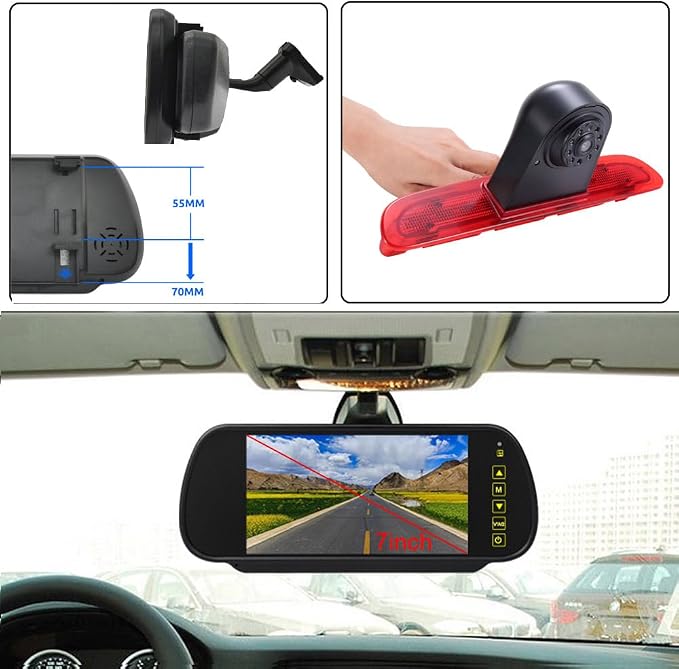HD Brake Light Roof Rear View Reversing Camera Parking Aids with Angle Adjustable Compatible with Toyota Commuter Hiace H200 MK5 Van LWB TRH KDH Tailgate Transporter (Camera+7'' Rearview Mirror)