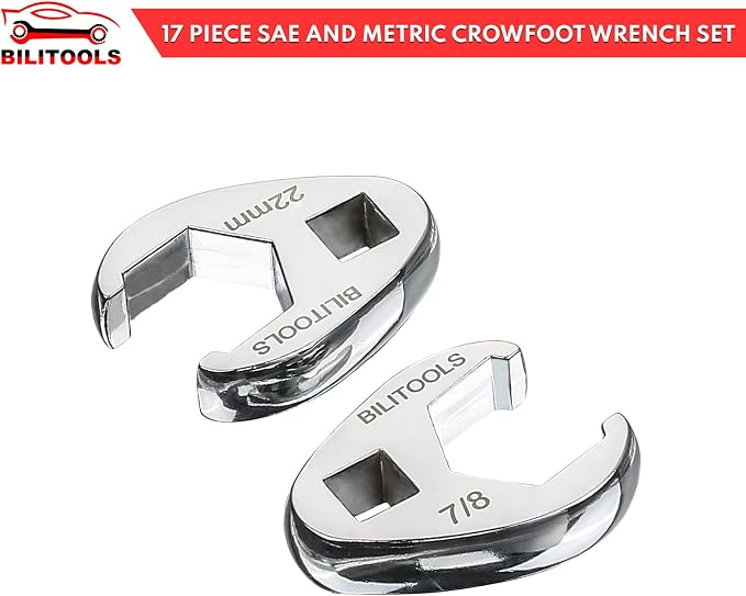 BILITOOLS Wobble Extension Set& Crows Foot Wrench Set, 3/8" Drive Crowfoot Flare Nut Cr-V Metric 10-22mm & SAE 3/8"-7/8" | 17 Piece