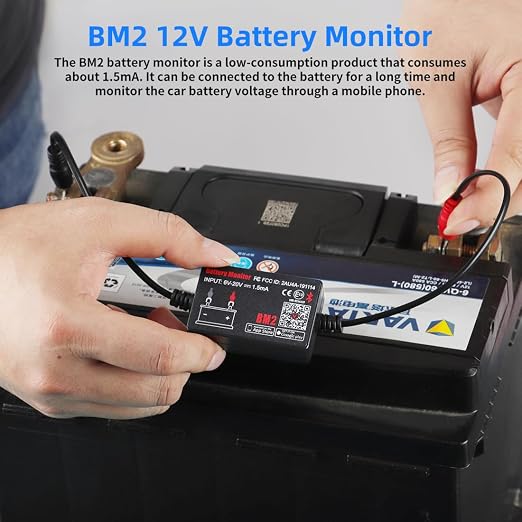 BM2 Bluetooth Battery Monitor 12V Car Battery Tester for Lead Acid Battery, LowVolt Alarm for All 12 Volts Solar Power Systems/RVs/Motorcycles/Boats/Cars Compatible with iPhone and Android