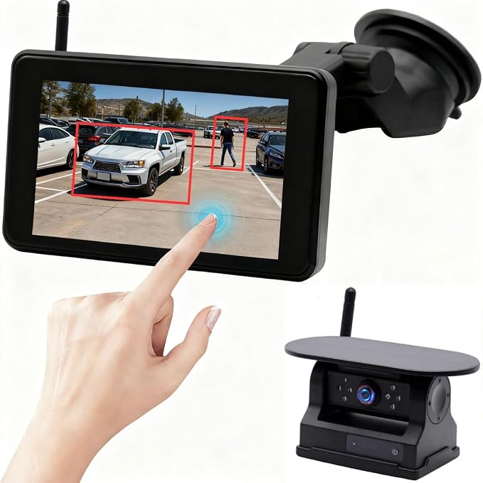 Magnetic Solar Wireless Backup Camera with AI Detection Alert, 5” 1080P HD 4-Split Monitor, 9600mAh Battery, IP67 Clear Night Vision, Video Recording Rear View Camera for Truck RV Trailer 5th Wheels