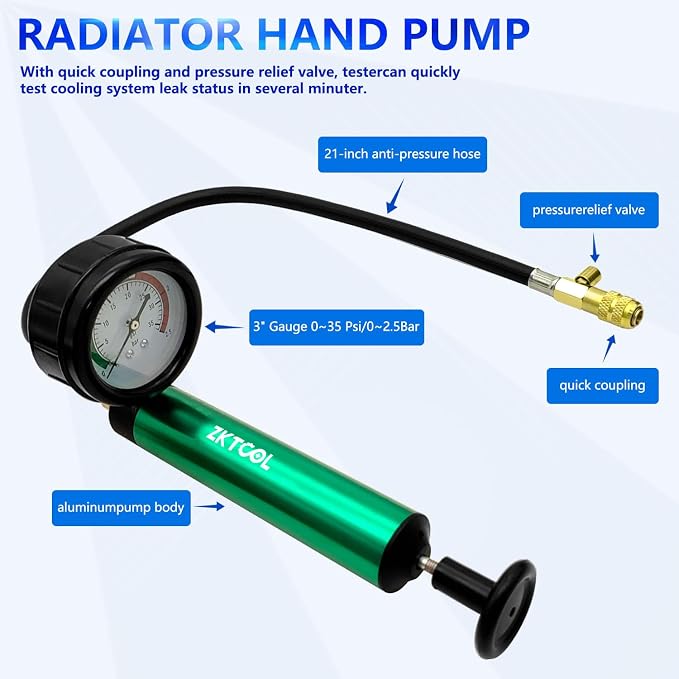 ZKTOOL Aluminum Automotive Cooling System Radiator Pressure Tester Tool,Pressure Test Pump with Pressure Gauge, Aluminum Hand Pump.Compatible with adapters for Various car Models.