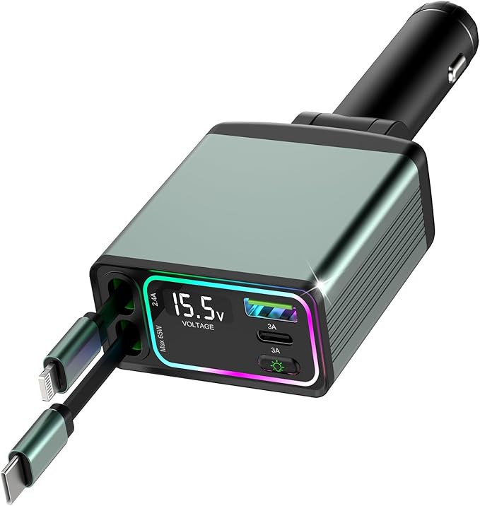 4 in 1 Retractable Car Charger, USB C Car Accessories Adapter for iPhone, Fast Charging with 2.62ft Cords, Road Trip Essentials and Travel Gifts for iPhone 16/15/14/13/12 Series, iPad, Galaxy, Pixel