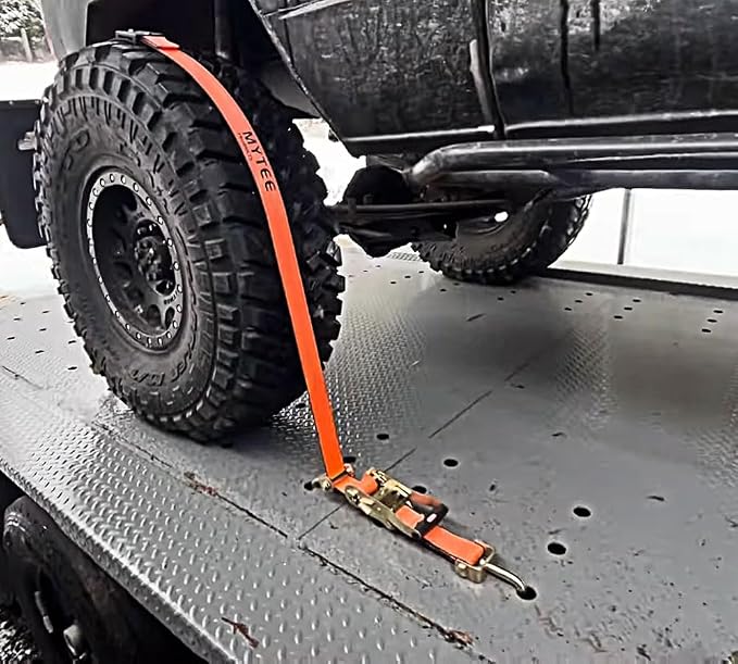 Mytee Products 8 Pack 2" x9' Over The Wheel Tire Straps w/Ratchet, Swivel J Hook & Rubber Blocks - 3,333 LBS WLL High Abrasion Orange Webbing - Towing Tie Down Strap for Auto Car Hauler, Truck Bed