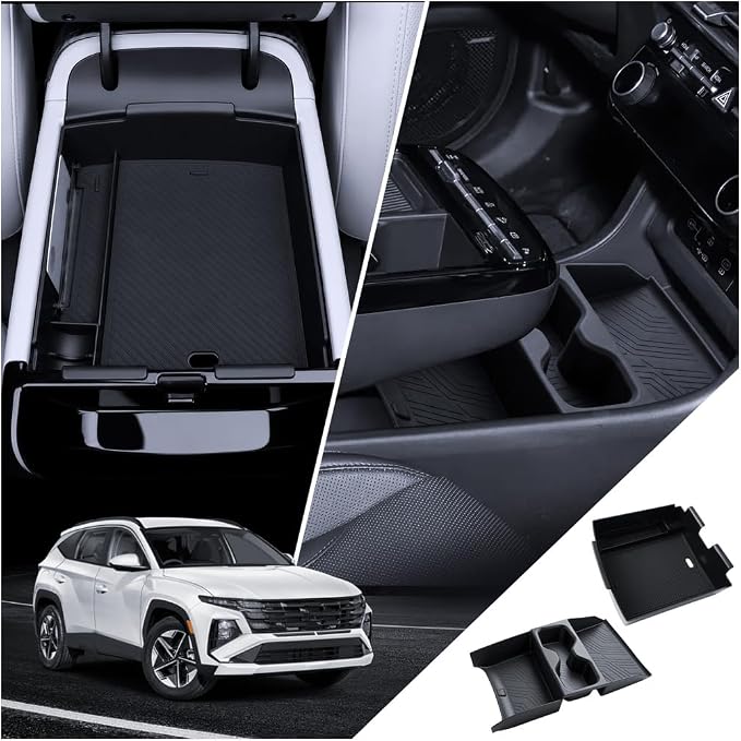 for Tucson Center Console Organizer+Lower Console Storage 2Pcs 2025-2026 Hyundai Tucson(Limited)/Tucson Hybrid Accessories Armrest Tray(ONLY Fit 2025 2026 Tucson with Electronic Shift)
