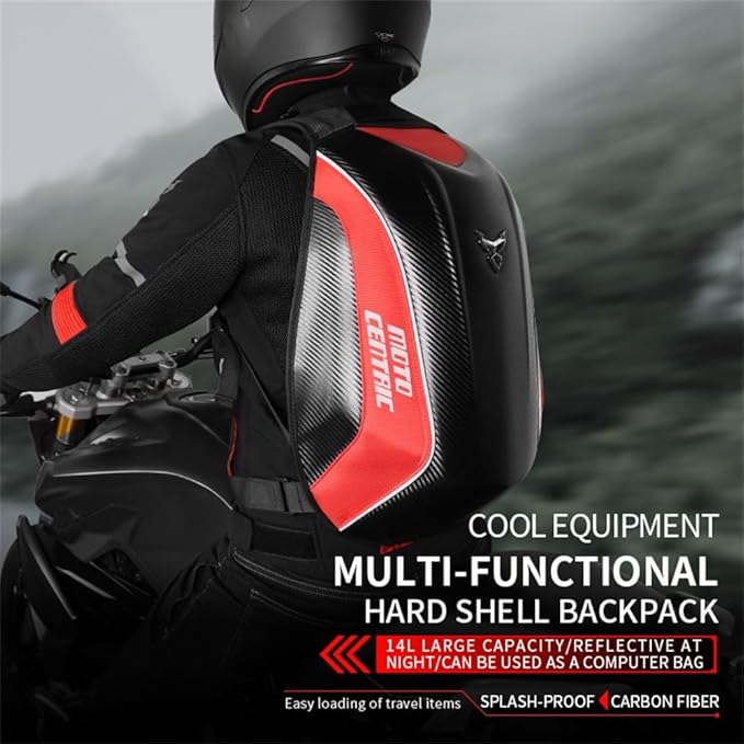 Motorcycle Backpack Waterproof Large Capacity Carbon Fiber Rider Backpack Hard Shell Reflective Motorbike Travel Suitcase Light Version (Black)