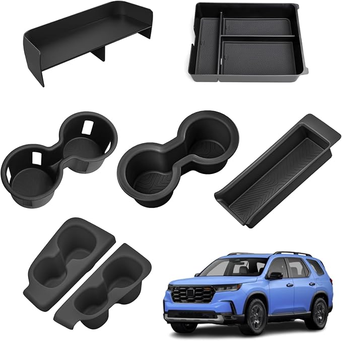 smabee 7PCS Center Console Organizers for Honda Pilot 2023 2024 2025 2026 Front & Rear Cup Holder Inserts + Front & Rear Armrest Storage Tray + Divider Storage Insert Accessories Interior Black