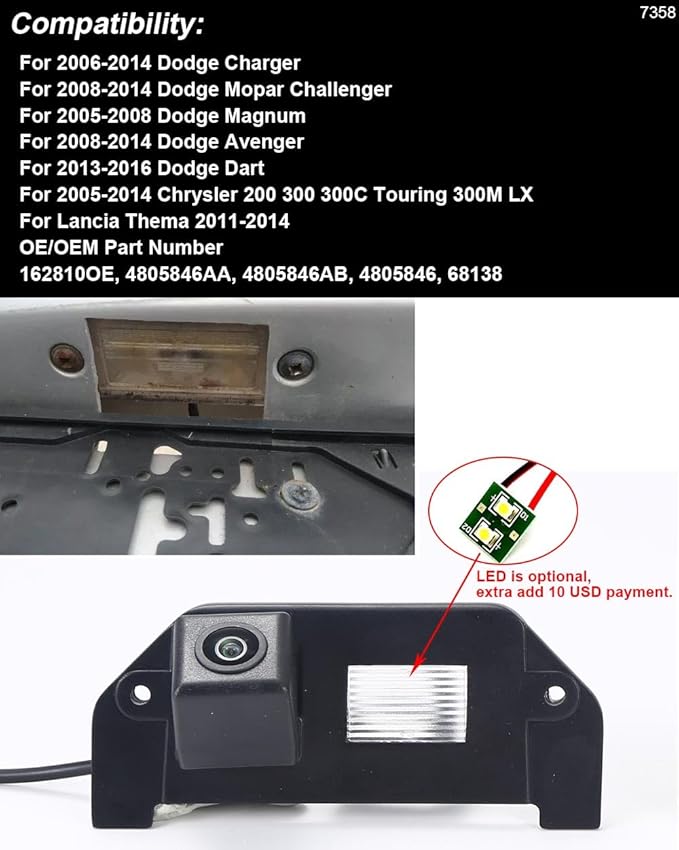 HD Waterproof Night Vision License Plate Light Parking Rear View Backup Camera, Replacement for Dodge Charger/Challenger/Magnum/Avenger/Dart/Chrysler 300 300C Touring 300M LX/Lancia Thema