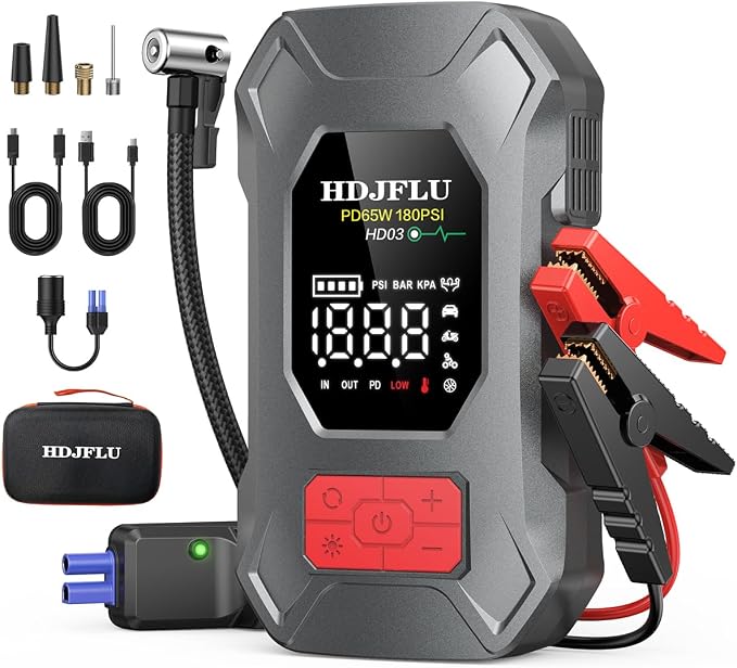 7500A Jump Starter with 180PSI Air Compressor, 24000mAh Car Battery Booster | Jump Stater Box for All Gas/10L Diesel, 65W PD Fast Charge Power Bank, Portable Tire Inflator, Jumper Cables, LED Light