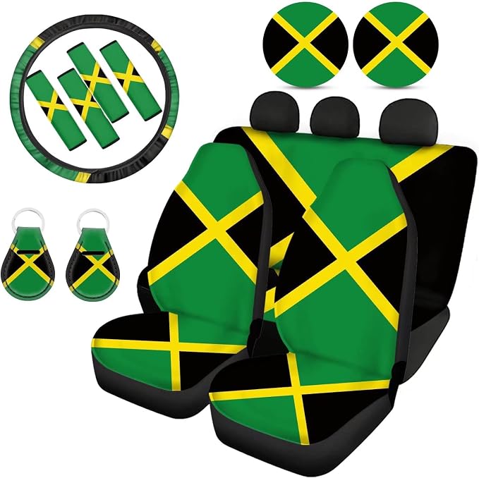 Howilath Jamaica Flag Universal 13 Pieces Auto Accessories Set,Seat Covers Full Set/Seatbelt Pads/Steering Wheel Covers/Coasters/Keyrings,for Most Cars Trucks Suvs