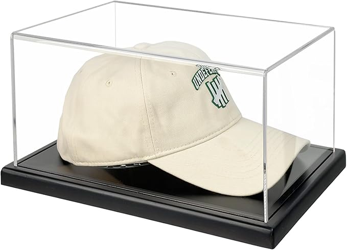 Hat Display Case, Clear One-Piece Acrylic Baseball Cap Showcase with Solid Wood Base & Hat Shaper, UV Protection Memorabilia Display Box for Signed Caps, No Assembly Required (12.5" x 9" x 6.5")