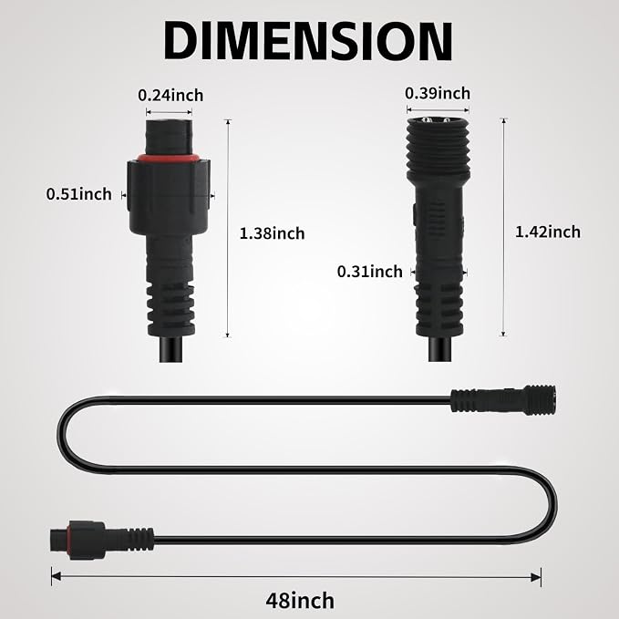 4 PCS 4FT 3 Pin Full Angle RGB Rock Light Extension Wire, Design for Our Brand's Neon Light Kits, Other Brands Must Meet Length of the Male Plug is 0.24 Inches and The Female is 0.39 Inches