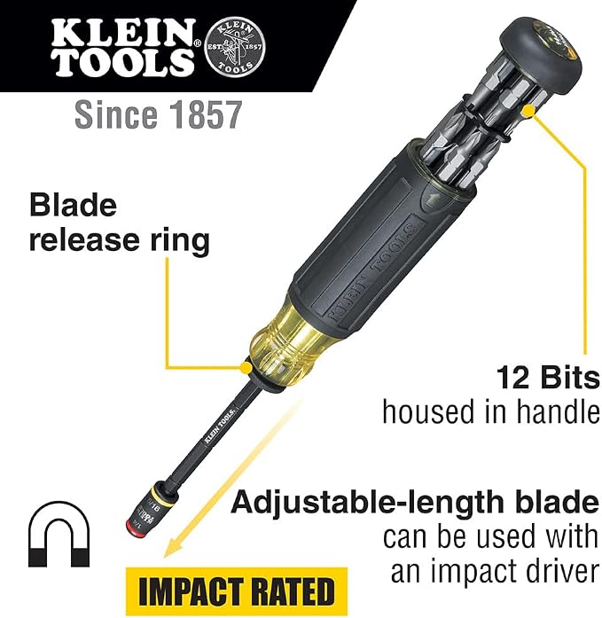 Klein Tools 32933 Impact Driver, 7-in-1 Impact Flip Socket Set & 32304 Screwdriver & 32308 Multi-bit Stubby Screwdriver