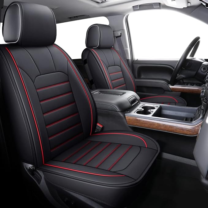 LUCKYMAN CLUB 2 Front Silverado Seat Covers Fit for 2007-2025 Sierra Chevy Silverado 1500 2500 3500 with Water Proof Faux Leather (Black & Red 2 PCS)