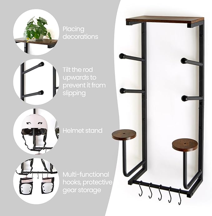 Skateboard Wall Mount Rack — Horizontal Multi-Board Display Shelf & Hanger, Longboard Deck Cruiser Holder, Wooden Helmet Stands & Accessories Hooks, Home Garage Wall Storage Organizer (Black)