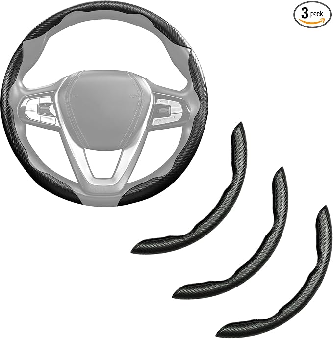 Carbon Fiber Steering Wheel Cover, Snap on Car Steering Wheel Cover Set Accessories 3pcs Wrap Grip Non Slip Protector Universal Matte Black