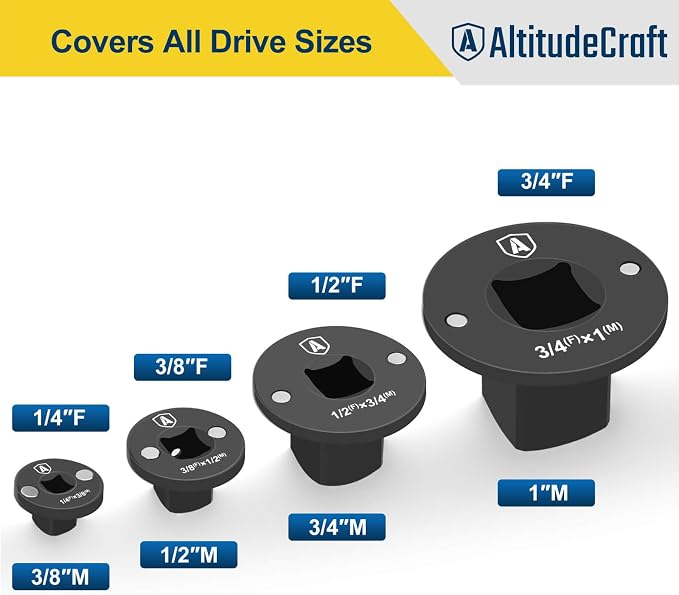 Low Profile Impact Socket Adapter Set, Drive Ratchet Adapter Set, Designed for Tight Spaces, 3/8" to 1/2", 1/4" to 3/8", 3/4" to 1", 1/2" to 3/4", 4PC