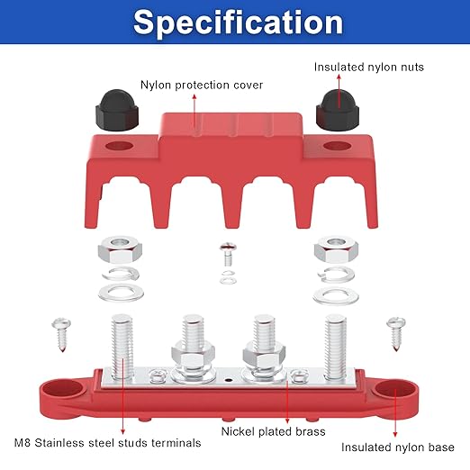 Bus Bar 250A 12V Power Distribution Block with 3/8" (M10) 4-Posts Terminals Block with Cover for Automotive, Marine, Battery System (Black & Red)