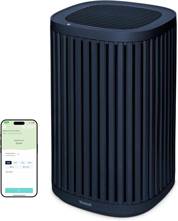 Windmill Air Purifier for Home - 3-In-1 Filtration for Dust, Smoke, & More - True HEPA Filter, Activated Carbon, & Pre-Filter - Ultra-Quiet - App Compatible - Covers Up To 975 sq ft - Navy