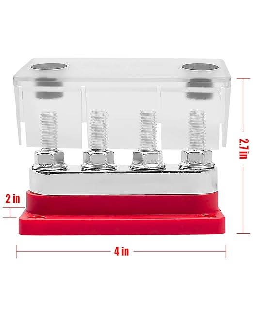 GMURA Bus Bar Terminal Block 12-48V 600A Max, 4 M10 Studs (3/8") High Current Copper Busbar Terminal Block with Waterproof Cover, Marine Heavy Duty Bus Bar Power Distribution Block, Red