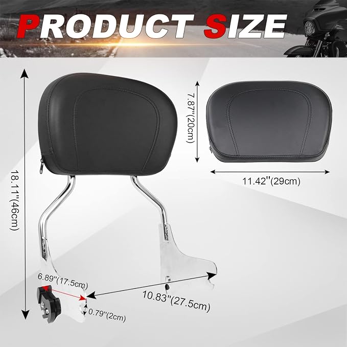 AUFER Detachable Backrest Sissy Bar Upright Passenger Backrest w/Back Rest Pad Compatible With For Touring Road King Electra Glide Street Glide Road Glide FLHR FLHX FLHT FLTR 1997-2008（Chrome）