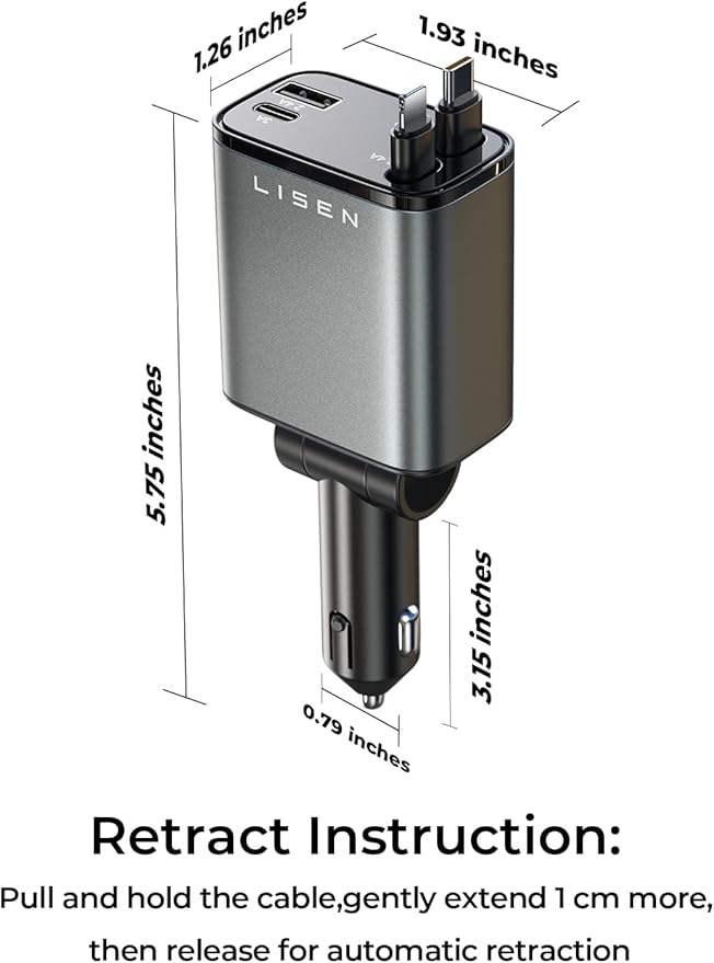 LISEN Retractable Car Charger, Gifts for Him Her, 84W Car Adapter USB C Fast Charger, Gifts for Mothers Day Travel Essentials Car Accessories for Men Women Gifts for iPhone 17 16 15 14 13 Samsung S26
