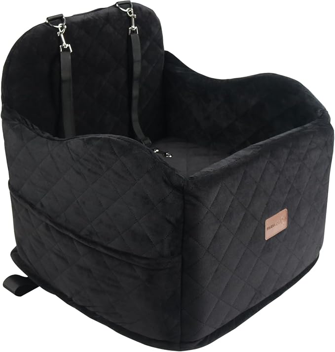 Juniverse Dog Booster Car Seat for Small to Medium Dogs Up to 30 lbs, Memory Foam, Washable Velvet Fabric Cover, Safety Leash, Storage Pockets, 19x19x19 Inches (Black)