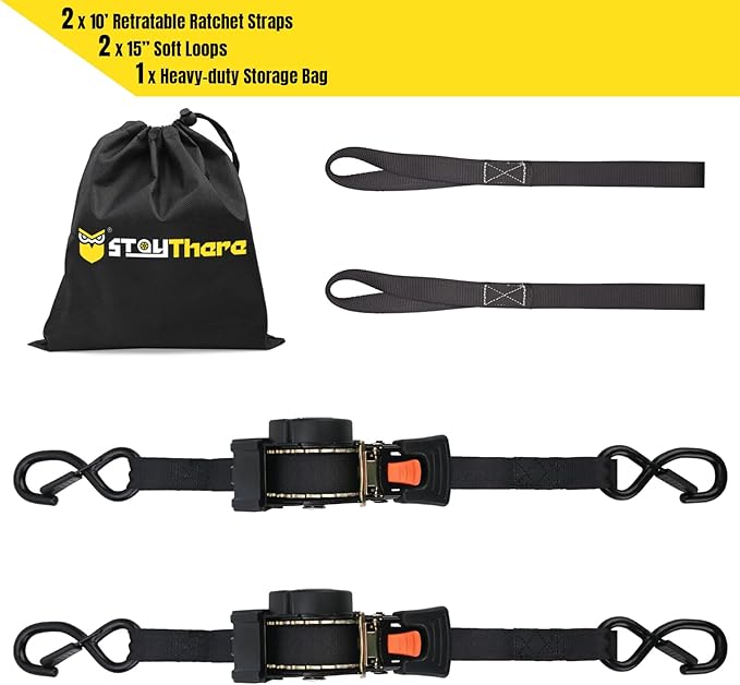 Stay There Retractable Ratchet Straps (2-Pack) - 1 Inch x 10 Feet (1800lb Break Strength) - Heavy Duty Auto Self Retracting Tie Down Straps for Truck, Cargo Trailer, Motorcycle & More - Black