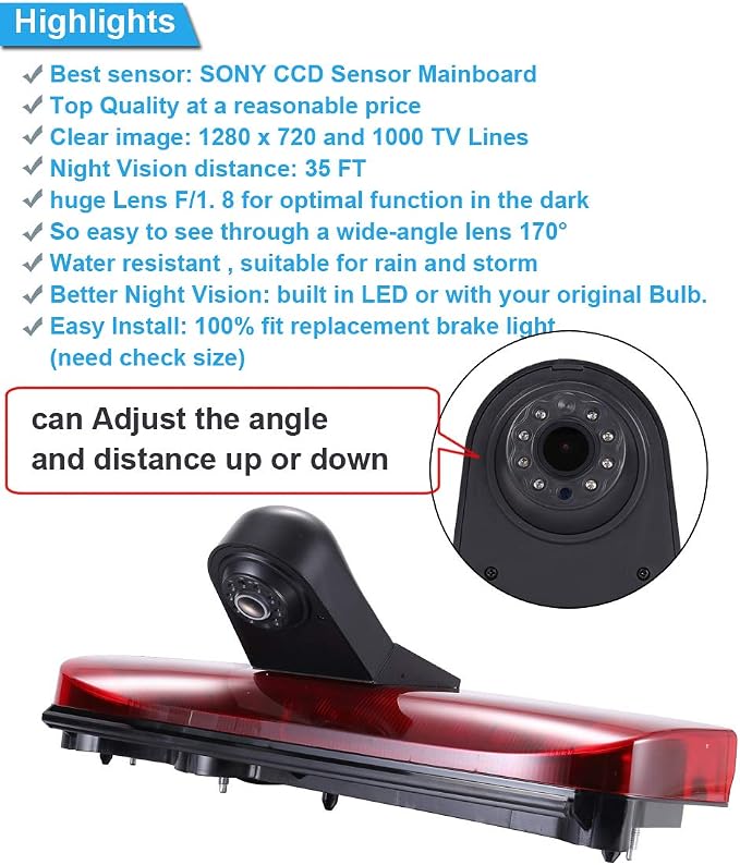 1280 * 720 Pixels Car Third Roof Brake Lamp Rear View Backup Camera Replacement for Ford Transit Connect 2014-2017 Transporter Business MPV SUV Bus Waterproof Night Vision+4.3" Reverse Mirror