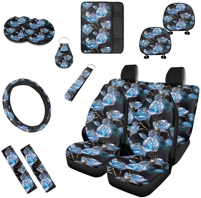 Crystal Rose Blue Artwork Print 13 Pcs Car Seat Covers Full Set Rose Hand Drawing Steering Wheel Cover Back Headrest Cover Coaster Keychains for Trucks Sedan SUV