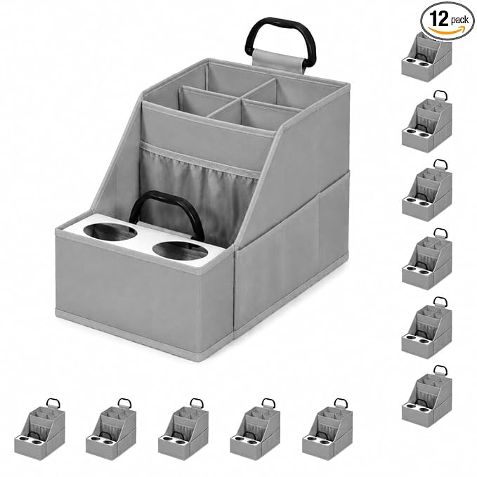 CROS 12 Pack Car Seat Organizer with Metal-Reinforced Cup Holders, 12 Storage Compartments Backseat Car Organizer, Travel Essentials for Kids Toys & Snacks, Non-Slip Seat Storage for SUV, Truck, Gray