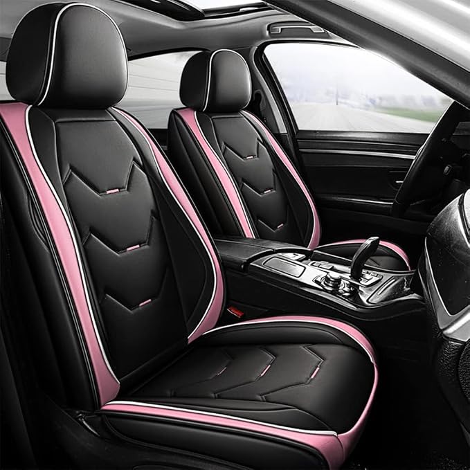 otoez Car Seat Covers Full Set, 5 Seat Pink Leather Seat Cover for Car, Waterproof Automotive Front and Back Seat Protectors for Most Sedens Trucks SUVs, Black & Pink